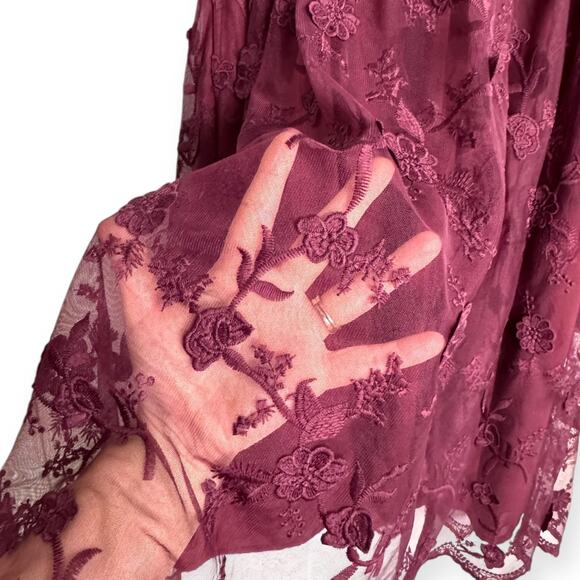 Modcloth Burgundy Sheer Floral Embroidered Halter Neck Fairy Goth Dress Womens M - Picture 9 of 12